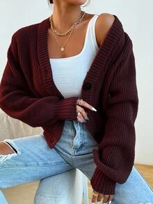 EURMUSE Women's Casual Solid Color Button-Up Long Sleeve Cardigan - Burgundy - View 4