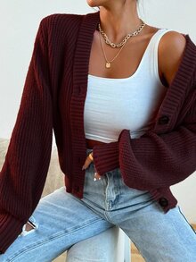EURMUSE Women's Casual Solid Color Button-Up Long Sleeve Cardigan - Burgundy - View 3