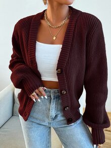 EURMUSE Women's Casual Solid Color Button-Up Long Sleeve Cardigan - Burgundy - View 5