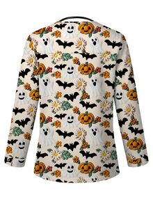 PopScrub Halloween Ghost & Pumpkin Print Casual Loose Fit Crew Neck Long Sleeve Sweatshirt For Women, Autumn Halloween Costumes - Multicolor - View 2