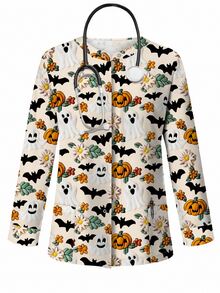 PopScrub Halloween Ghost & Pumpkin Print Casual Loose Fit Crew Neck Long Sleeve Sweatshirt For Women, Autumn Halloween Costumes - Multicolor - View 6