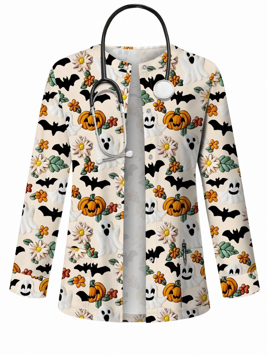 PopScrub Halloween Ghost & Pumpkin Print Casual Loose Fit Crew Neck Long Sleeve Sweatshirt For Women, Autumn Halloween Costumes - Multicolor - View 1