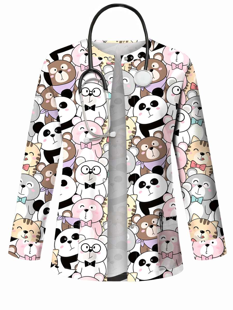 PopScrub Cute Animal Cartoon Print Women Casual Anime Fairy Nursing Scrub Scrub Uniform Jacket, Fashionable Cardigan Top For Spring/Autumn Healthcare Work - Multicolor - View 1