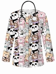 PopScrub Cute Animal Cartoon Print Women Casual Anime Fairy Nursing Scrub Scrub Uniform Jacket, Fashionable Cardigan Top For Spring/Autumn Healthcare Work - Multicolor - View 6
