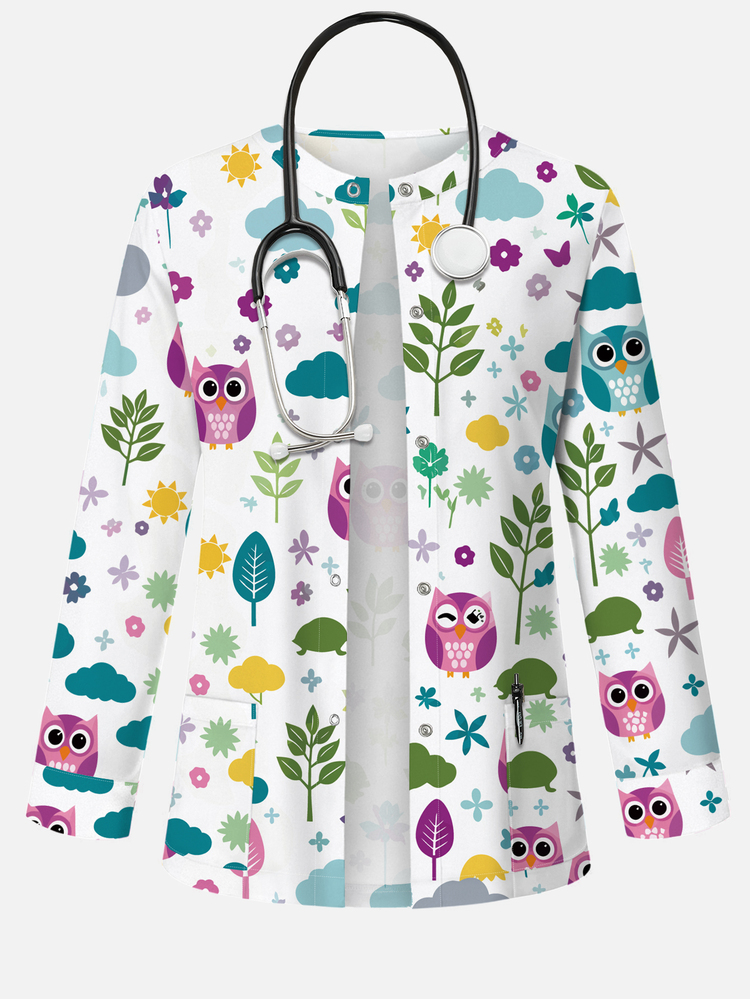 PopScrub Fun Parrot And Plant Cartoon Print White Surgical Scrub Jacket, Spring/Summer Fashion With Ear-Loop Design Women's Nurse Uniform Top, Professional Uniform Jacket, Suitable For Back To School Season - Multicolor - View 1