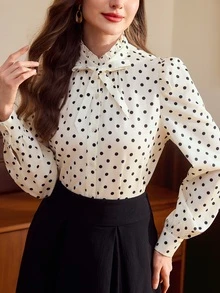 Vintamour 復古法式優雅女款蝴蝶結襯衫 波點設計 白色與黑色 秋冬辦公室早午餐茶會穿搭 工作服 - 米色 - 查看 6