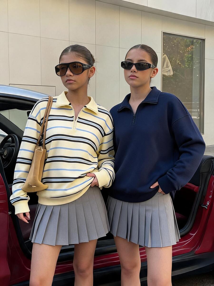 SHEIN Sparklyn 青少年女孩 2 件套衛衣套裝 寬鬆保暖 秋冬時尚 百搭休閒學院風 連帽抓絨拉鍊款 學校穿搭 藍黃灰 - 藏蓝色 - 查看 1