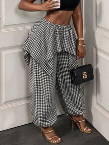 BamGleam Plaid Patchwork Ruffle Hem 2 In 1 Long Pants Vacation Black And White Checkered Autumn Casual - Multicolor - View 7