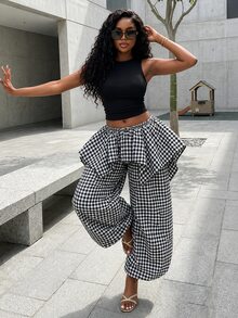 BamGleam Plaid Patchwork Ruffle Hem 2 In 1 Long Pants Vacation Black And White Checkered Autumn Casual - Multicolor - View 8