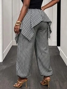 BamGleam Plaid Patchwork Ruffle Hem 2 In 1 Long Pants Vacation Black And White Checkered Autumn Casual - Multicolor - View 3