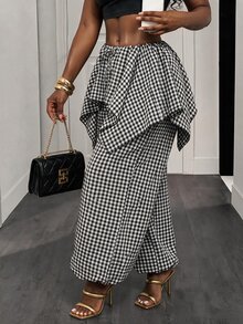 BamGleam Plaid Patchwork Ruffle Hem 2 In 1 Long Pants Vacation Black And White Checkered Autumn Casual - Multicolor - View 4