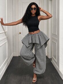 BamGleam Plaid Patchwork Ruffle Hem 2 In 1 Long Pants Vacation Black And White Checkered Autumn Casual - Multicolor - View 2