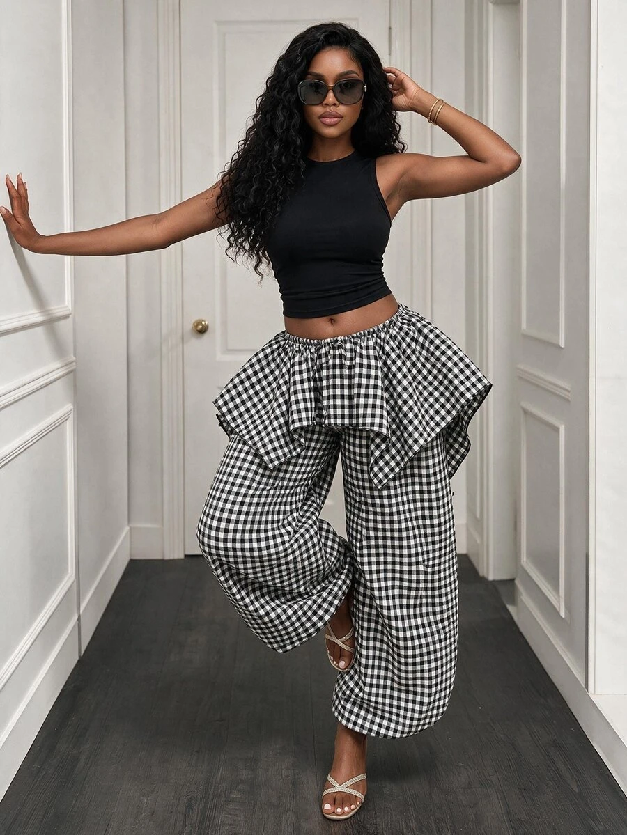BamGleam Plaid Patchwork Ruffle Hem 2 In 1 Long Pants Vacation Black And White Checkered Autumn Casual