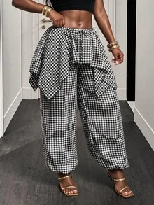 BamGleam Plaid Patchwork Ruffle Hem 2 In 1 Long Pants Vacation Black And White Checkered Autumn Casual - Multicolor - View 6