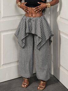 BamGleam Plaid Patchwork Ruffle Hem 2 In 1 Long Pants Vacation Black And White Checkered Autumn Casual - Multicolor - View 5