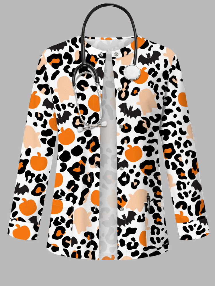 PopScrub Leopard Print Ghost Pumpkin Cartoon White Surgical Scrub Jacket, Spring/Autumn Fashion Casual Descendants Cardigan Ear Loop Design Women's Nurse Top - Multicolor - View 1