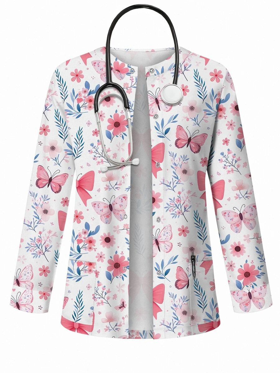 PopScrub Women All-Over Print Long Sleeve Uniform Jacket, Scrub Outerwear, Spring/Autumn - Multicolor - View 1