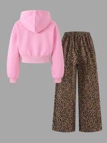 SHEIN 青少年女孩夾克套裝，粉色豹紋，夾克+長褲2件套，寬鬆版型，秋冬保暖，時尚百搭，休閒，秋季，秋天，拉鍊，純色，冬季，領子，連帽，圓領 - 粉色 - 查看 2