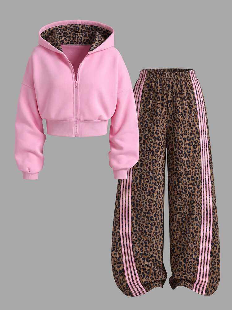 SHEIN Teen Girls Jacket Set, Pink Leopard Print, Jacket + Pants 2 Pieces Set, Loose Fit, Warm For Autumn/Winter, Fashionable Versatile, Casual, Autumn, Fall, Zipper, Solid Color, Winter, Collar, Hooded, Crew Neck - Pink - View 8
