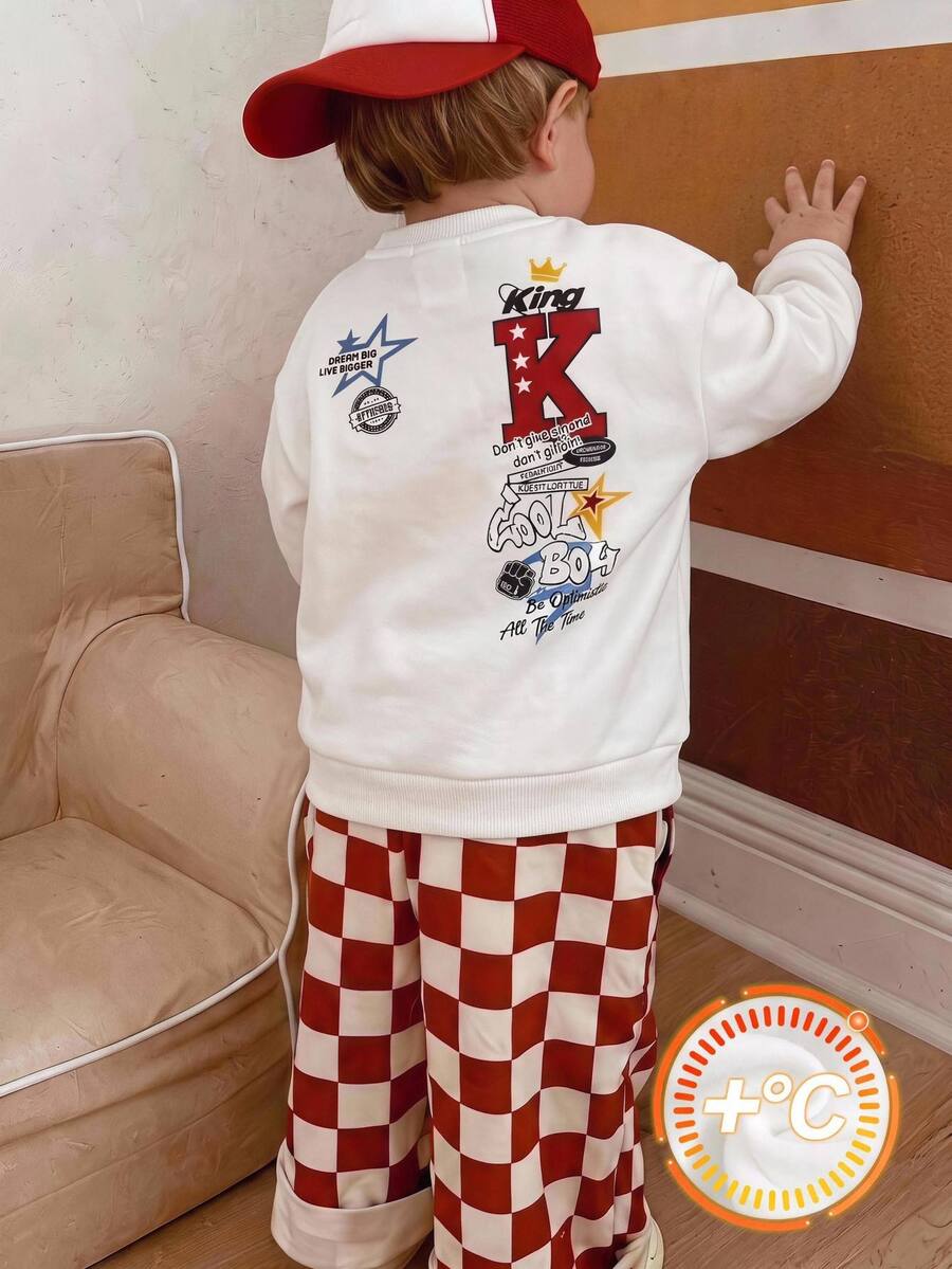 SHEIN 2pcs Baby Boy Autumn/Winter Casual Street Graffiti Pullover Sweatshirt & Elastic Waist Checkerboard Checkered Pants Set, Red Outfit, Sweatshirt Set, Toddler Set, Cute Set, Set - Multicolor - View 1