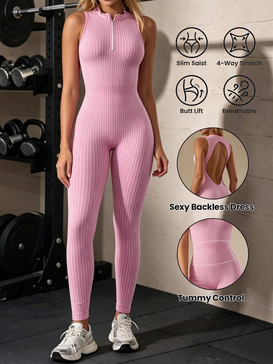 Solea Cove Women's Seamless Pink Sleeveless Sports Jumpsuit - Pink - View 1