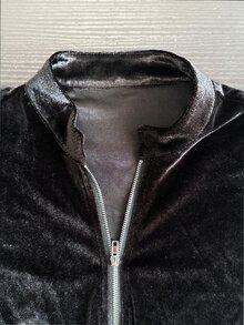 LUMIGAL 暗黑風天鵝絨拉鍊上衣,拼接透視網紗泡泡袖與蕾絲袖口,復古酷感 - 黑色 - 查看 6