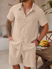 Palmeraft Plus Size Men's Solid Color Short Sleeve Single-Breasted Shirt And Shorts Casual Suit, Holiday - Khaki - View 5