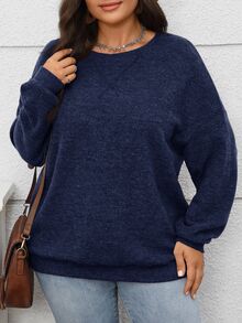 Rosumi Plus Size Women's Navy Blue Solid High Neck Drop Shoulder Long Sleeve Ribbed Fleece Pullover Hoodies Casual Baggy Western Soft Autumn Formal Vacation - Blue - View 4