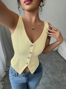 Elenzga 2025 nueva moda primavera y verano, top de tirantes de ajuste ceñido con escote en V casual - Amarillo - Ver 6