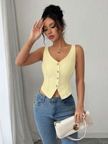 Elenzga 2025 nueva moda primavera y verano, top de tirantes de ajuste ceñido con escote en V casual - Amarillo - Ver 4