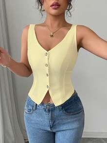 Elenzga 2025 nueva moda primavera y verano, top de tirantes de ajuste ceñido con escote en V casual - Amarillo - Ver 5
