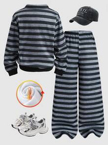 SHEIN Sparklyn 青少年女孩 T-shirt 套裝，黑色，短袖上衣 + 長褲 2 件套，寬鬆版型，休閒運動風，圓領，印花，拉鍊，冬季，可愛校園風 - 黑色 - 查看 2