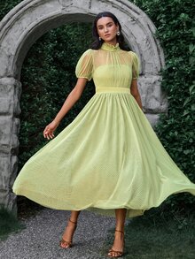 VOLUPTÉ CURVE Women's Summer Green Polka Dot Mesh Stand Collar Puff Short Sleeve Maxi Dress, Elegant Romantic Casual Vacation Wedding Garden Day Party Guest - Green - View 6