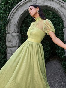 VOLUPTÉ CURVE Women's Summer Green Polka Dot Mesh Stand Collar Puff Short Sleeve Maxi Dress, Elegant Romantic Casual Vacation Wedding Garden Day Party Guest - Green - View 9