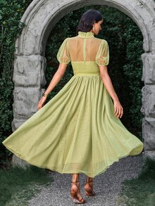 VOLUPTÉ CURVE Women's Summer Green Polka Dot Mesh Stand Collar Puff Short Sleeve Maxi Dress, Elegant Romantic Casual Vacation Wedding Garden Day Party Guest - Green - View 2