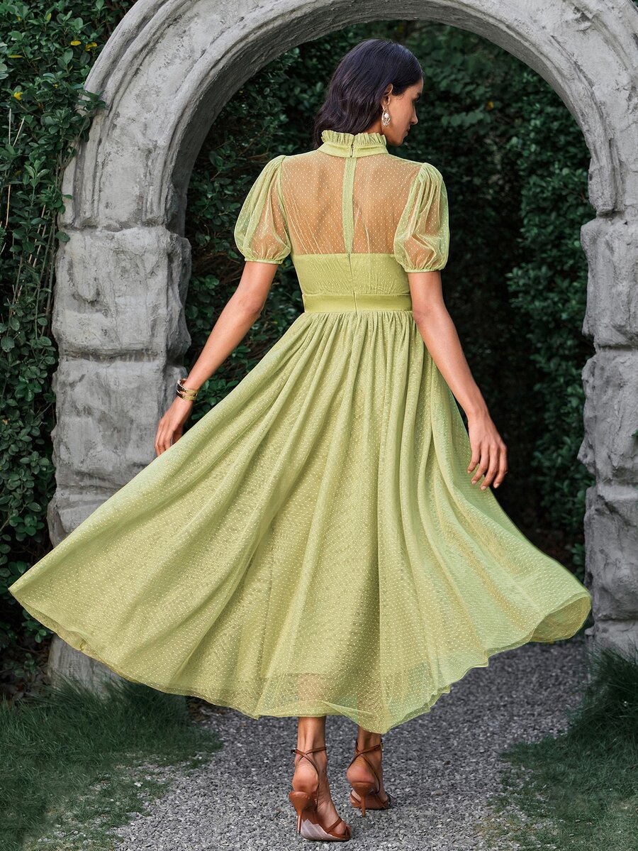 VOLUPTÉ CURVE Women's Summer Green Polka Dot Mesh Stand Collar Puff Short Sleeve Maxi Dress, Elegant Romantic Casual Vacation Wedding Garden Day Party Guest