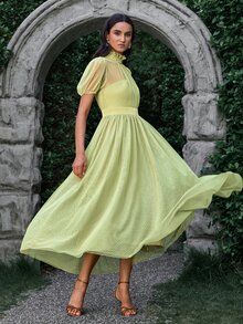 VOLUPTÉ CURVE Women's Summer Green Polka Dot Mesh Stand Collar Puff Short Sleeve Maxi Dress, Elegant Romantic Casual Vacation Wedding Garden Day Party Guest - Green - View 3