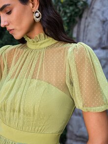 VOLUPTÉ CURVE Women's Summer Green Polka Dot Mesh Stand Collar Puff Short Sleeve Maxi Dress, Elegant Romantic Casual Vacation Wedding Garden Day Party Guest - Green - View 4