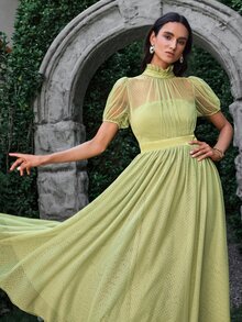 VOLUPTÉ CURVE Women's Summer Green Polka Dot Mesh Stand Collar Puff Short Sleeve Maxi Dress, Elegant Romantic Casual Vacation Wedding Garden Day Party Guest - Green - View 8