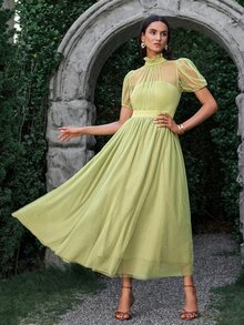 VOLUPTÉ CURVE Women's Summer Green Polka Dot Mesh Stand Collar Puff Short Sleeve Maxi Dress, Elegant Romantic Casual Vacation Wedding Garden Day Party Guest - Green - View 7