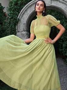 VOLUPTÉ CURVE Women's Summer Green Polka Dot Mesh Stand Collar Puff Short Sleeve Maxi Dress, Elegant Romantic Casual Vacation Wedding Garden Day Party Guest - Green - View 5