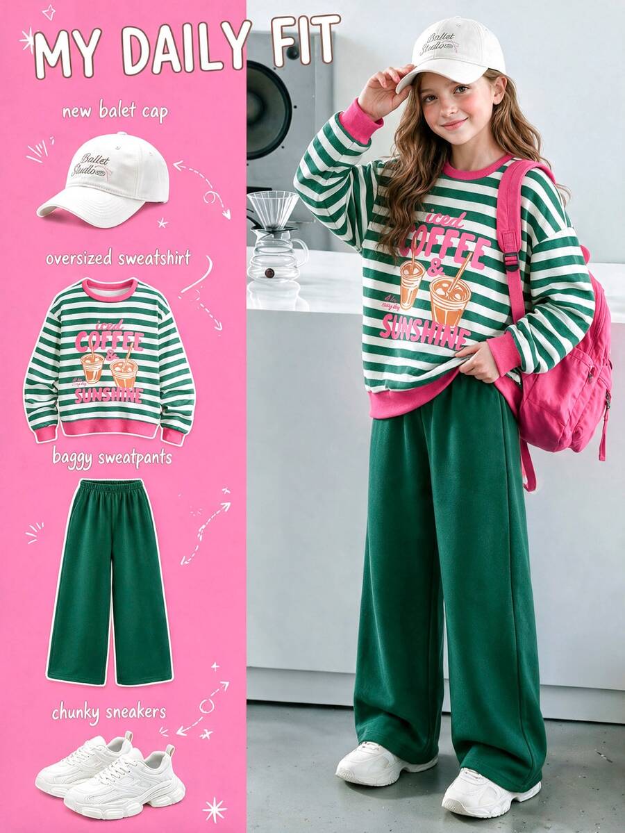 SHEIN Elladie kids 青少年女孩 T-shirt 套裝，綠色與白色鼠尾草綠，短袖上衣 + 長褲 2 件套，寬鬆版型，運動風，冬季，可愛校園風 - 綠色 - 查看 1