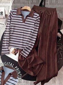 Resyla Fashion Casual Basic Striped Print Top And Brown Pants 2 Pieces Set For Women - Multicolor - View 3