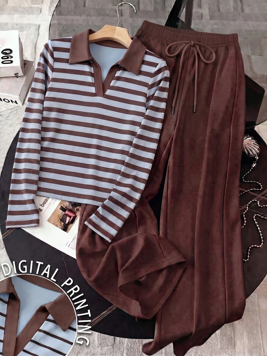 Resyla Fashion Casual Basic Striped Print Top And Brown Pants 2 Pieces Set For Women - Multicolor - View 1