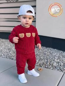 LMoss Kids 男嬰針織素色熊貼布休閒圓領衛衣與長秋季長褲 2 件套 - 紅色 - 查看 1