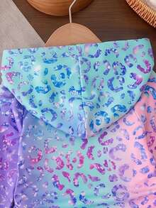 2pcs/Set Baby Girl Gradient Leopard Print Hooded T-Shirt & Side Stripe Flare Pants Outfit, Cute Gradient Color Clothing - Multicolor - View 5