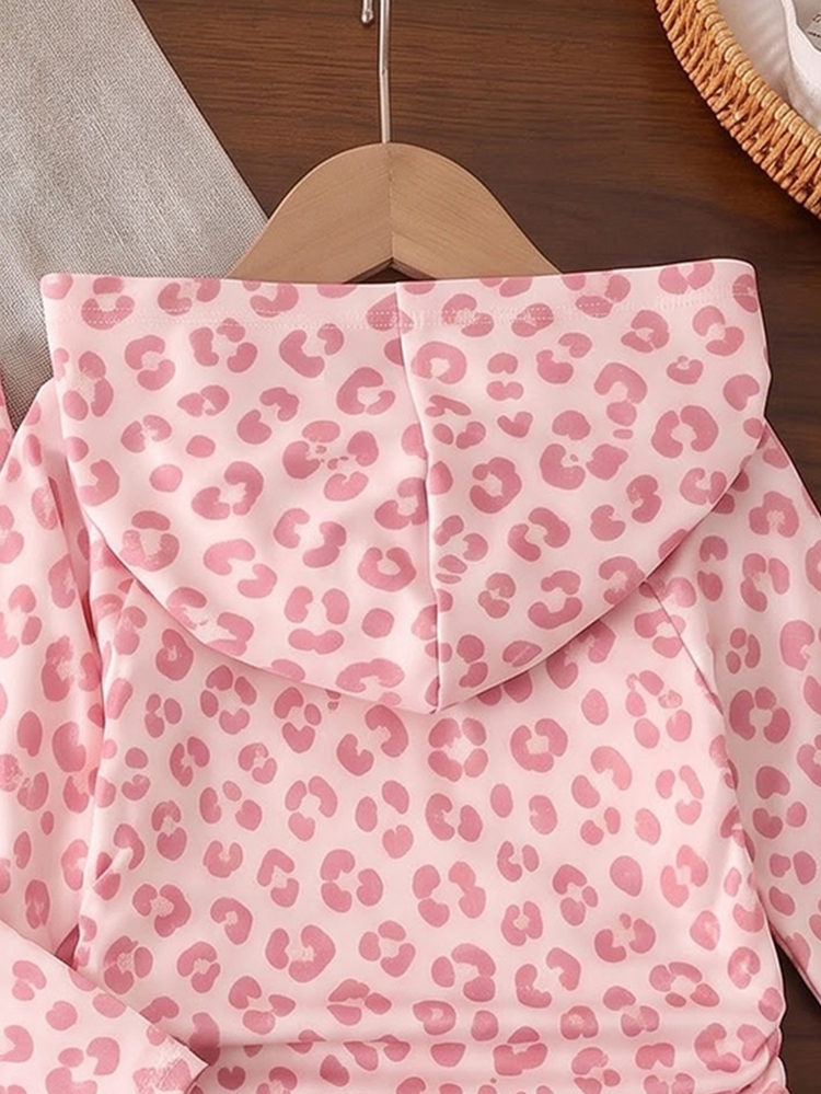 2pcs/Set Pink Leopard Print Hooded T-Shirt And Flare Pants Outfit For Baby Girls, Cute Light Pink Leopard Print Clothing - Multicolor - View 5