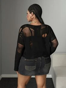 Maweii Sweater Pullover Fashion Gaya Gothic Punk Berongga dengan Kerah Bulat untuk Wanita Ukuran Besar, Gaya Gothic Halloween Musim Gugur - Hitam - View 3