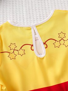 SHEIN 兒童小女孩星星與奶牛印花拼色百褶洋裝 西部牛仔風農場秋季生日派對洋裝 - 黃色 - 查看 9