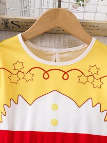 SHEIN 兒童小女孩星星與奶牛印花拼色百褶洋裝 西部牛仔風農場秋季生日派對洋裝 - 黃色 - 查看 8